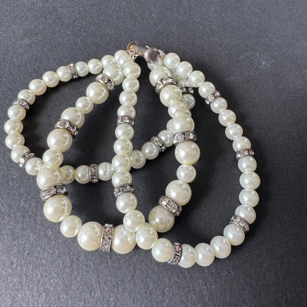 Vintage Pearl‎ Bracelet Set Rhinestone Accents Three Strand Toggle Clasp
